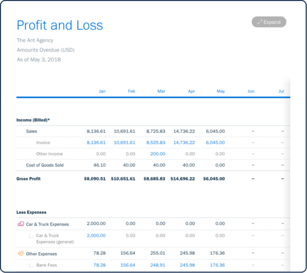 Profit and Loss report in FreshBooks