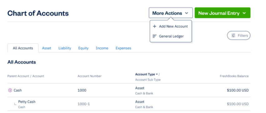 FreshBooks chart of accounts screen - more actions