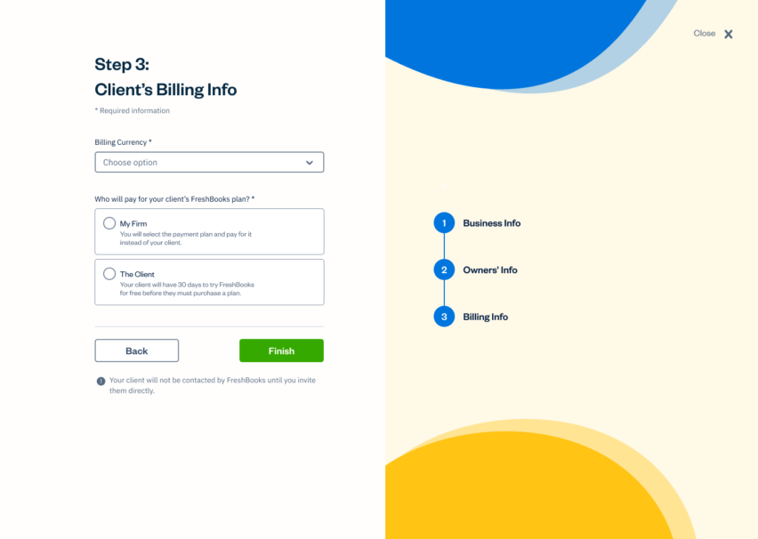 FreshBooks Accountant Hub UI - client onboarding billing information