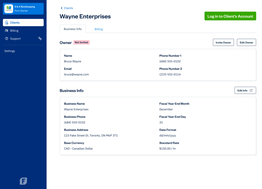 FreshBooks Accountant Hub UI - Client Details Not Invited