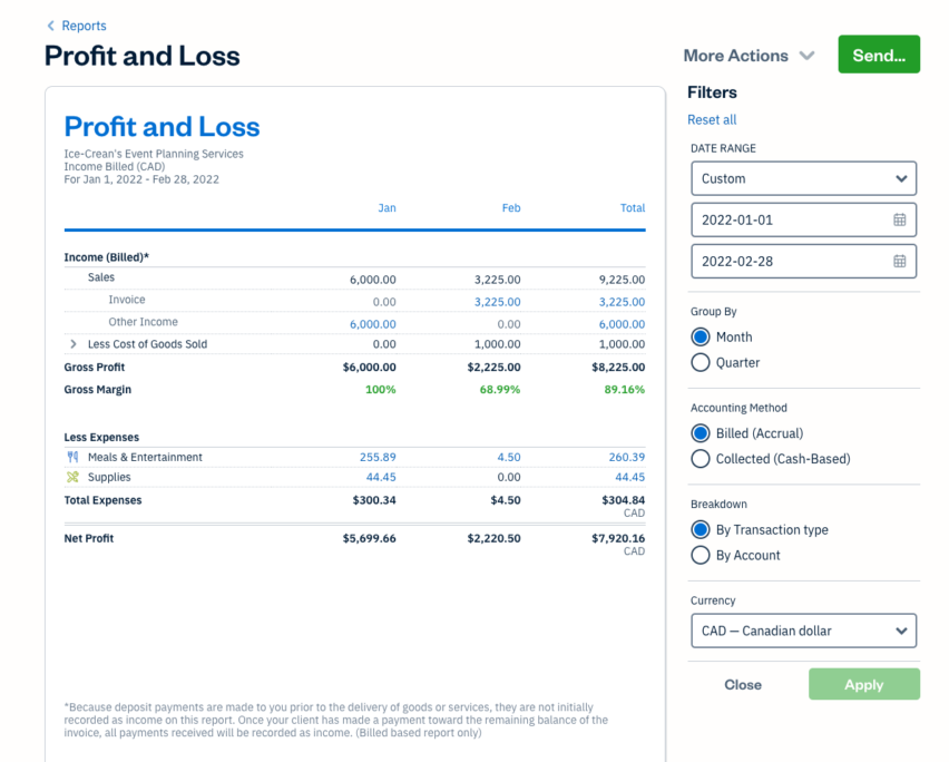 FreshBooks UI - Profit and Loss Report