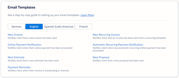FreshBooks Spanish email template selection screen
