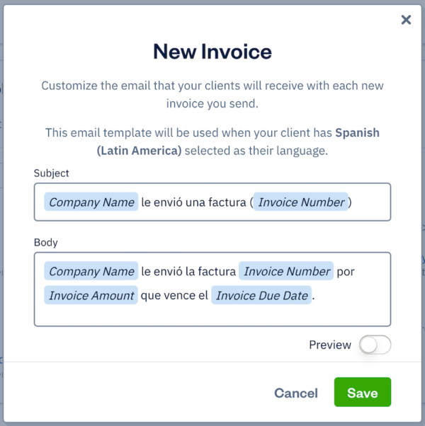 FreshBooks Spanish invoice selection screen