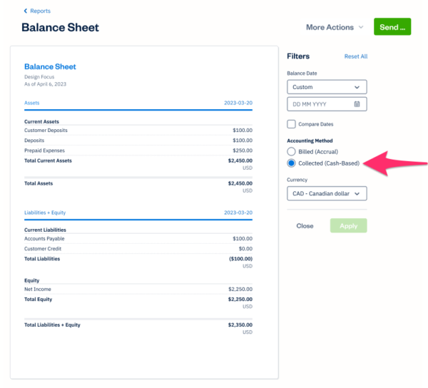 FreshBooks cash-based balance sheet UI screen