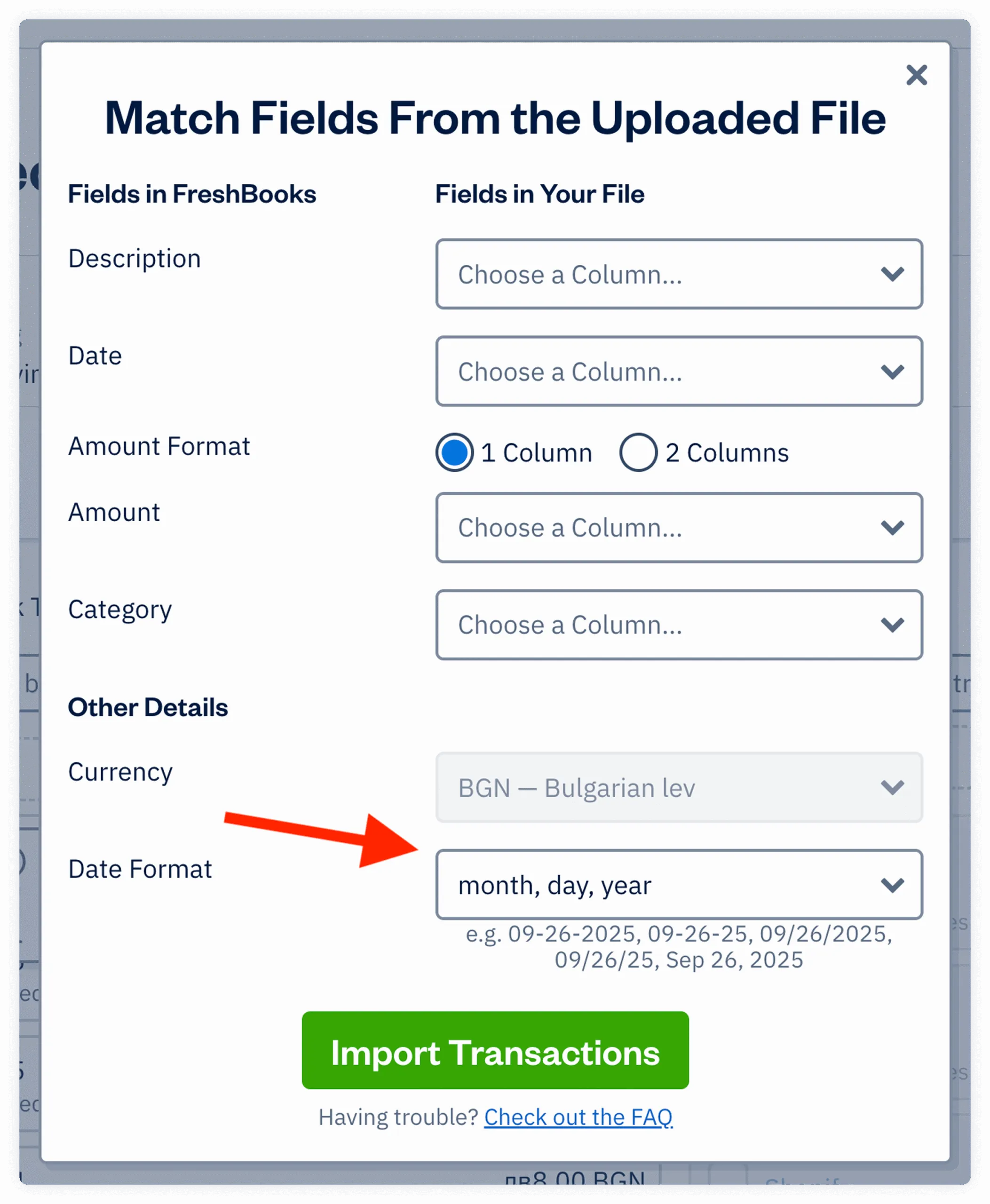 FreshBooks UI screen - import bank transactions