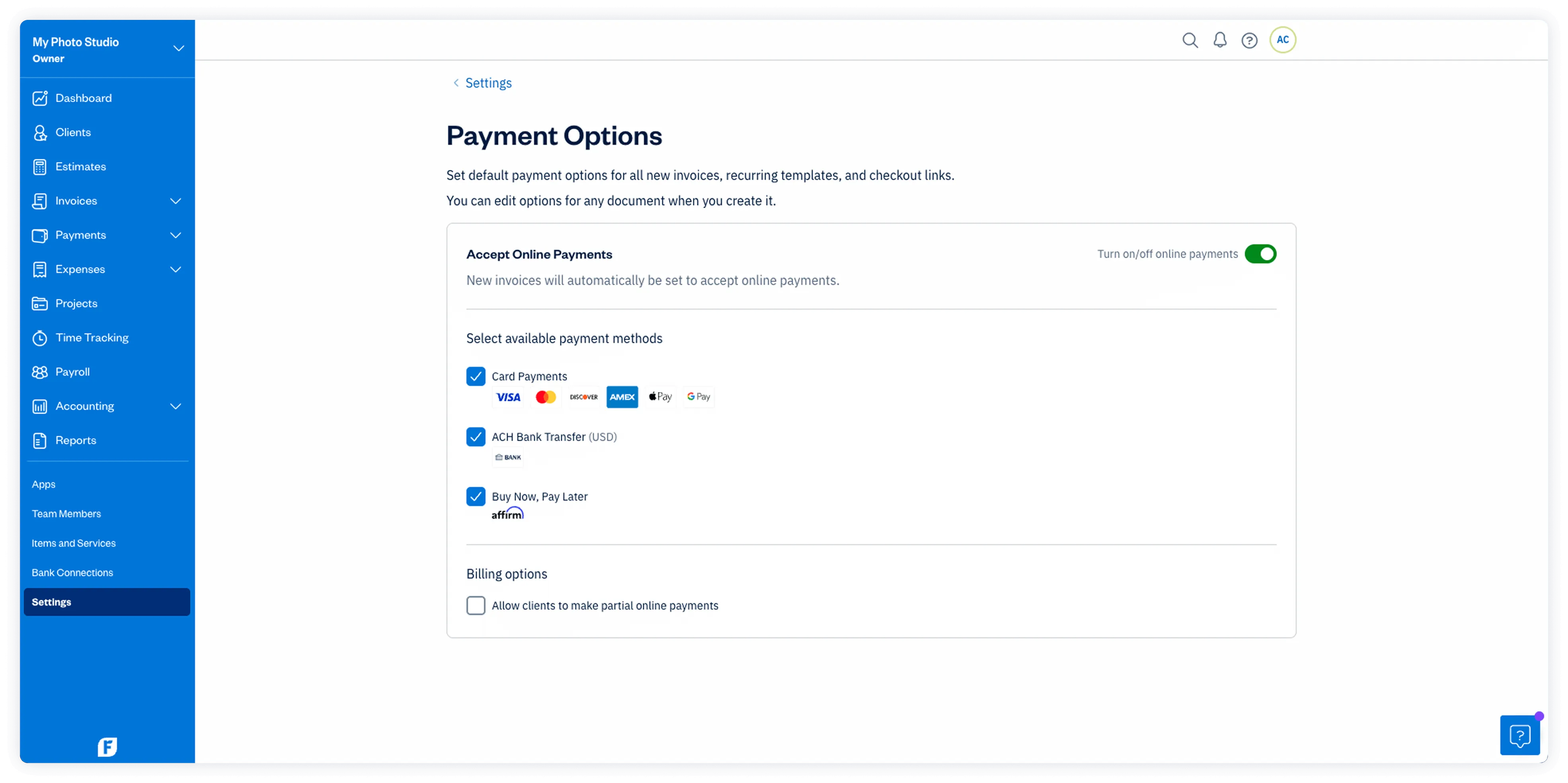 FreshBooks Payments - payment options UI screen