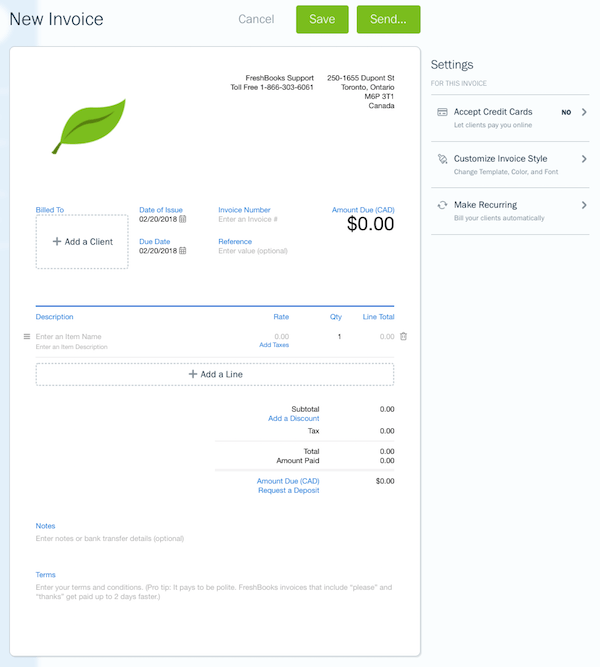 Net 30 Invoice created by FreshBooks