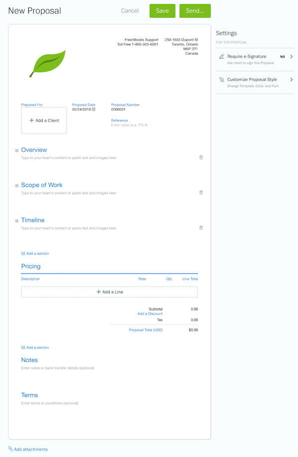 example of what a proposal template looks like in FreshBooks
