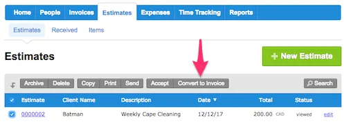 FreshBooks estimates page - convert to invoice