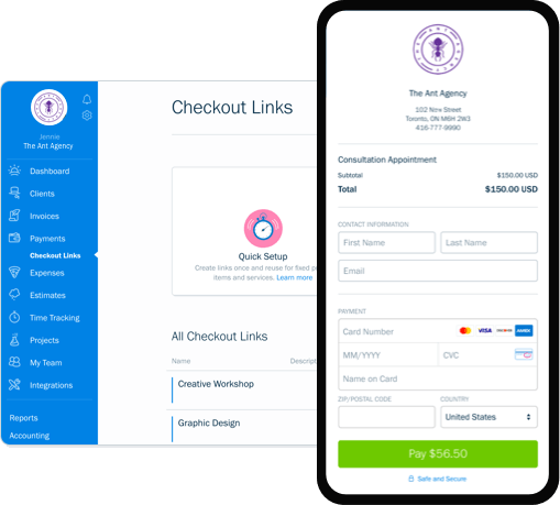 Checkout links interface for payments on FreshBooks invoicing app