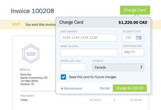 Charge credit card option on FreshBooks invoicing app interface