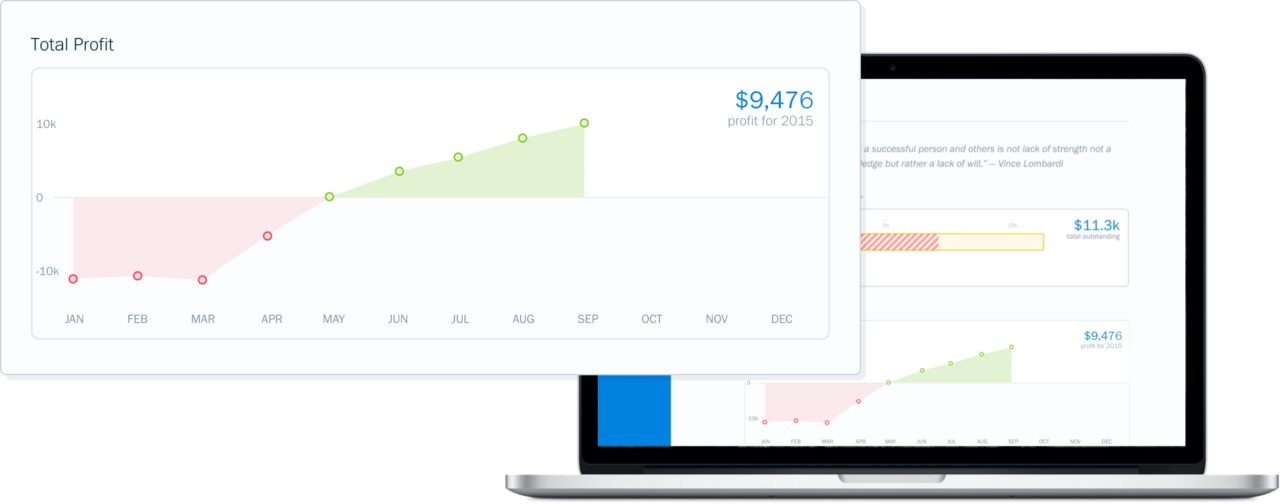 Customer using FreshBooks financial reporting software to view their dashboard showing profit and loss graph and expenditures