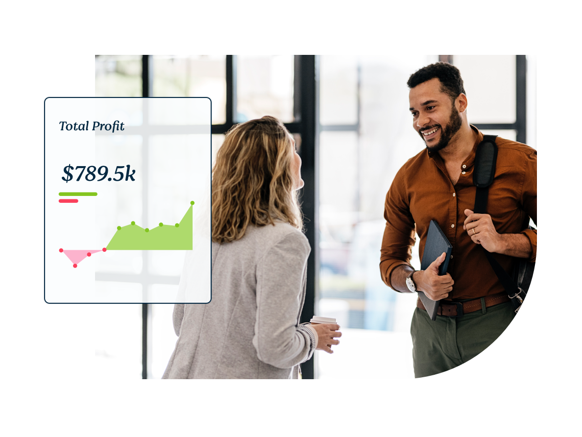 A woman and man talking with an illustrative total profit chart