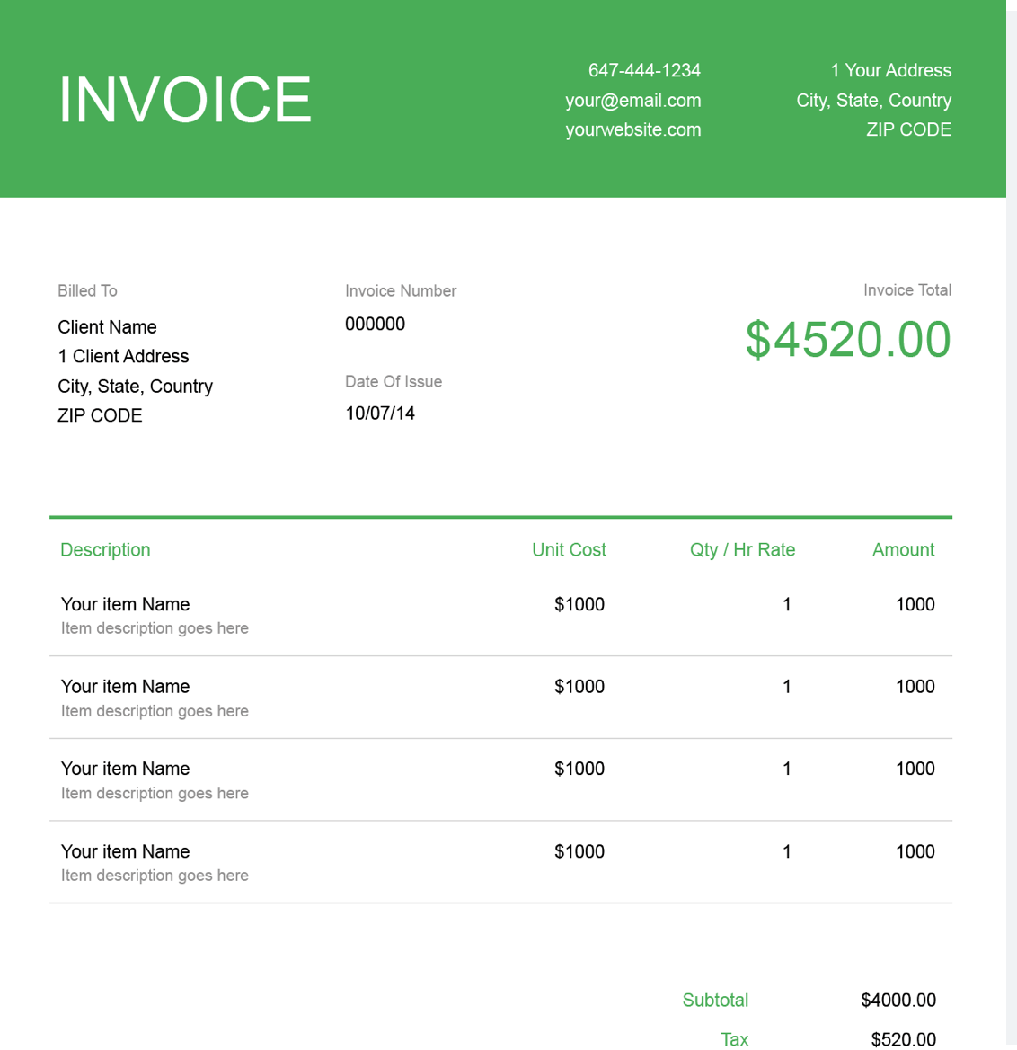 Microsoft Excel Invoice Template Green