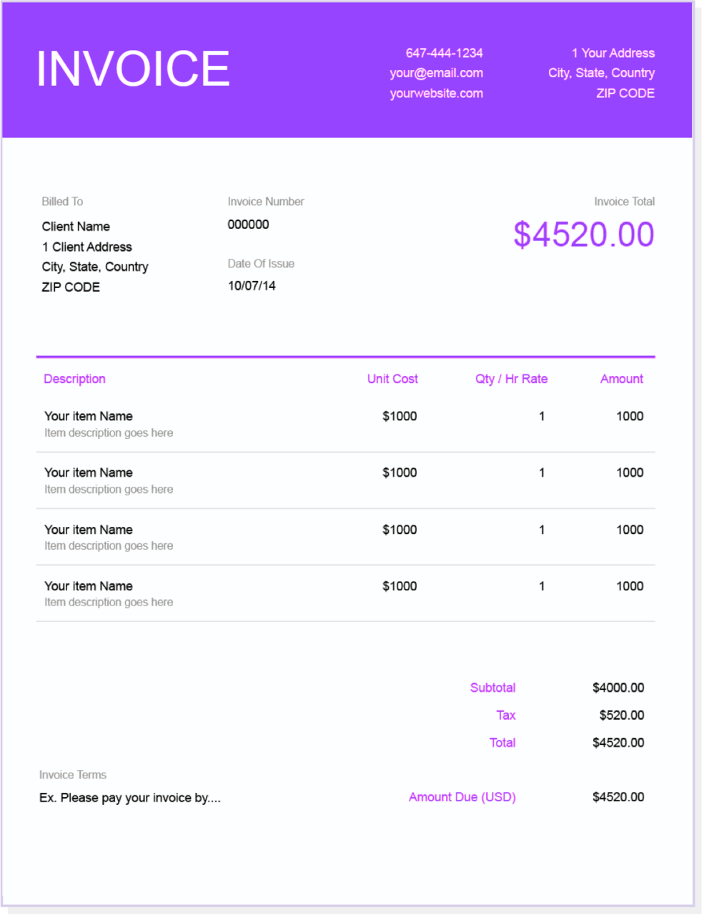 Google Sheets Invoice Template Purple